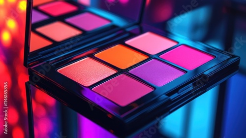 Hyper-realistic pop art of a makeup palette, featuring detailed reflections and bold, vibrant shades, captured in ultra-clear 4K resolution photo