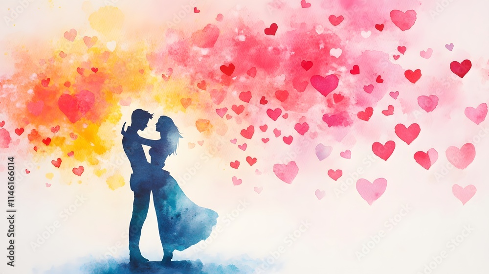 A romantic watercolor painting of a couple embracing, surrounded by colorful hearts, symbolizing love and connection. A romantic watercolor painting of a couple embracing, surrounded by colorful hearts, symbolizing love and connection.