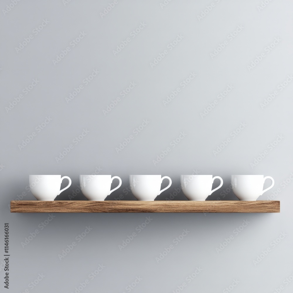 A minimalist display of five white cups on a wooden shelf against a soft gray background, perfect for showcasing kitchen decor, café aesthetics, or promoting beverage-related products, A minimalist display of five white cups on a wooden shelf against a soft gray background, perfect for showcasing kitchen decor, café aesthetics, or promoting beverage-related products,