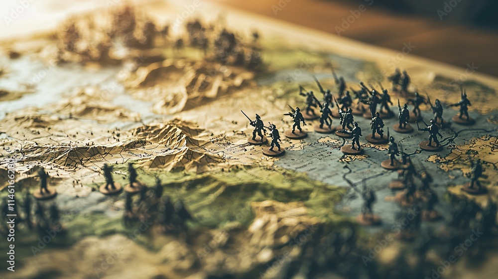 Naklejka premium Close-up of detailed military strategy map with miniature soldiers and terrain models on wooden table for tactical planning and battlefield simulation.