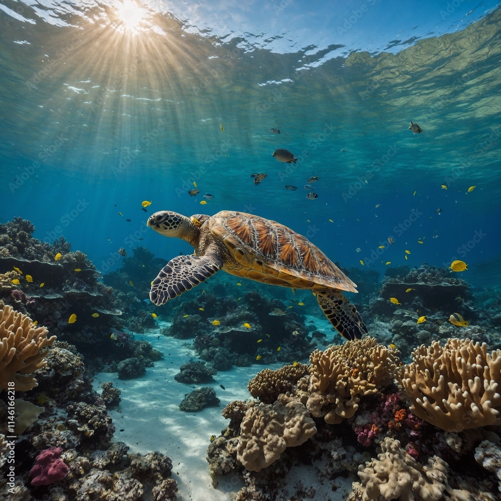 Obraz premium A stunning coral reef with a sea turtle swimming among the bright coral.