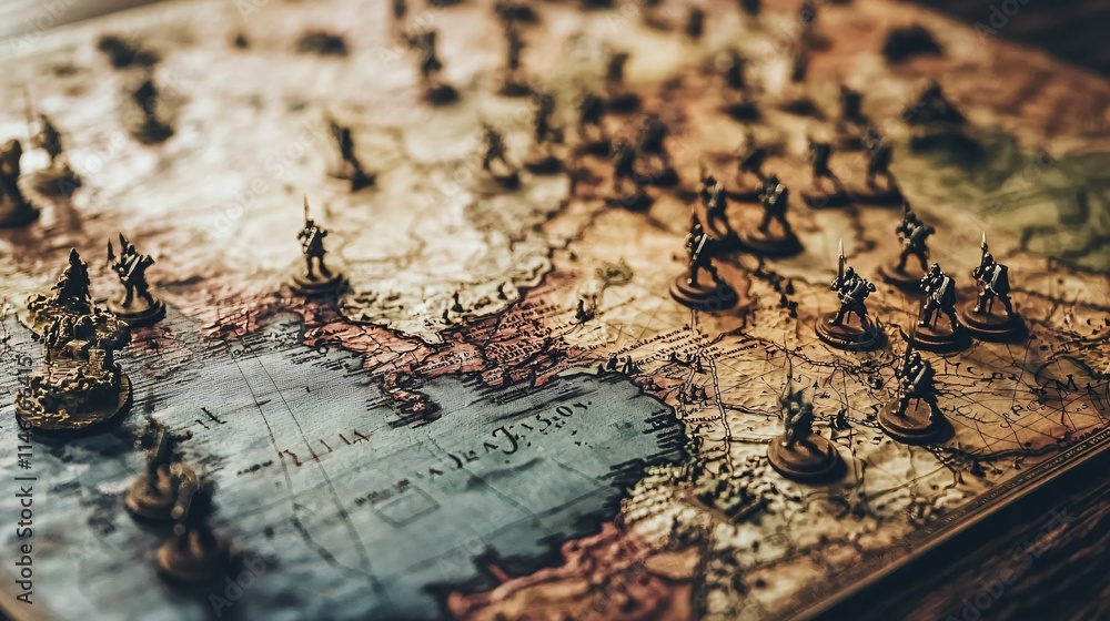 Close-up of detailed military strategy map with miniature soldiers and terrain models on wooden table for tactical planning and battlefield simulation. Close-up of detailed military strategy map with miniature soldiers and terrain models on wooden table for tactical planning and battlefield simulation.