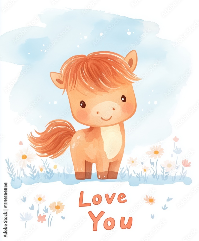 Charming illustration of a pony with orange mane, cheerful expression, and daisy-filled meadow background, with 'Love You' text. Charming illustration of a pony with orange mane, cheerful expression, and daisy-filled meadow background, with 'Love You' text.