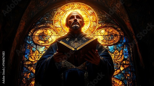 Saint Ignatius of Loyola in a luminous stained-glass design, holding a book of wisdom and a symbolic sword, glowing golden and navy-blue tones, surrounded by intricate gothic arches and sacred motifs, photo