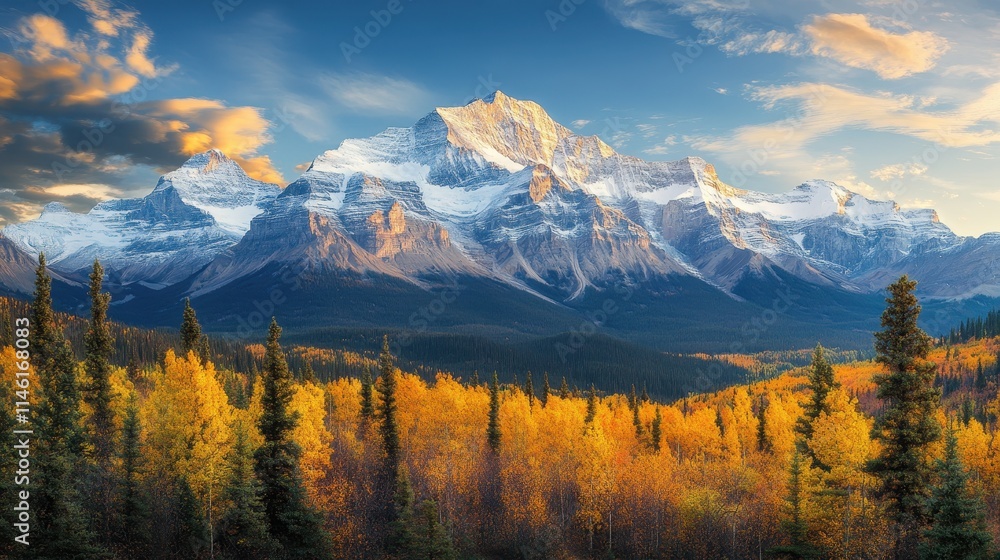 Majestic mountain landscape featuring autumn colors and tranquil lake under dramatic skies Majestic mountain landscape featuring autumn colors and tranquil lake under dramatic skies