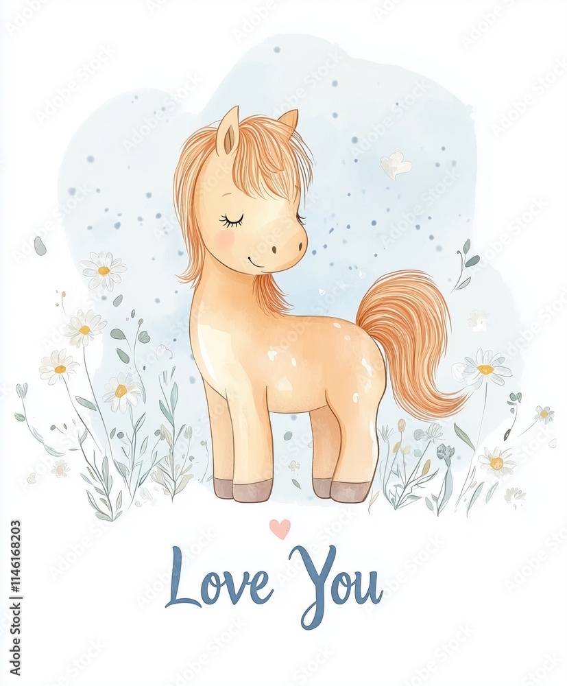 Elegant watercolor depiction of a pony surrounded by daisies and a blue background with 'Love You' text. Elegant watercolor depiction of a pony surrounded by daisies and a blue background with 'Love You' text.