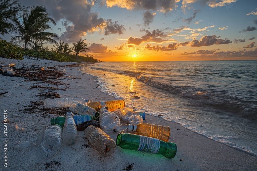 Littered Bottles on Ocean Shoreline at Sunset, Highlighting Plastic Pollution and the Need for Environmental Awareness and Coastal Conservation Efforts Littered Bottles on Ocean Shoreline at Sunset, Highlighting Plastic Pollution and the Need for Environmental Awareness and Coastal Conservation Efforts
