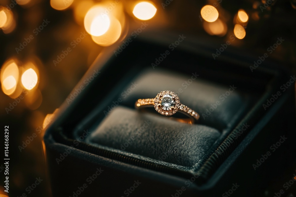 Elegant diamond engagement ring with intricate design placed on black velvet box against a backdrop of shimmering bokeh lights for romantic occasions Elegant diamond engagement ring with intricate design placed on black velvet box against a backdrop of shimmering bokeh lights for romantic occasions