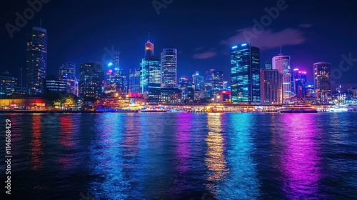 Wallpaper Mural Nighttime city skyline with vibrant lights reflecting in the water along the waterfront Torontodigital.ca