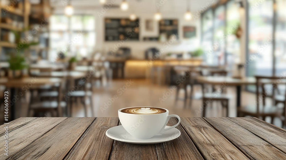Steaming Cup of Coffee on Wooden Table in Blurred Cafe Interior, Food and Drink Background Steaming Cup of Coffee on Wooden Table in Blurred Cafe Interior, Food and Drink Background