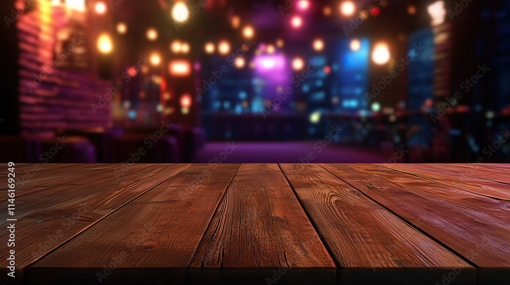 close up of empty wooden table with blurred neon night club background close up of empty wooden table with blurred neon night club background