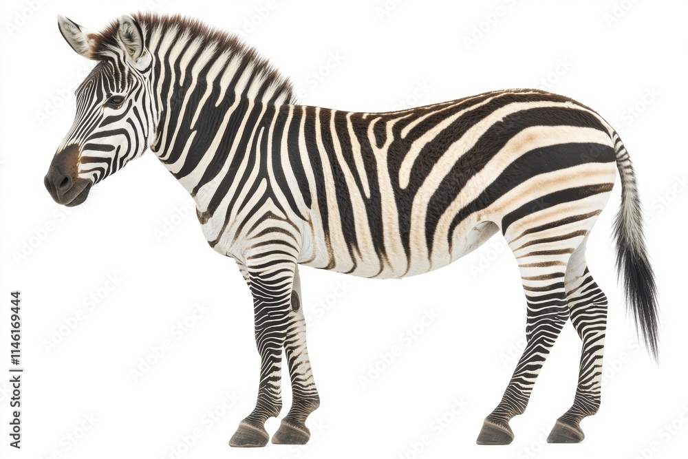 Stunning Portrait of a Striped Zebra in Profile, Showcasing Its Unique Black and White Pattern Against a Clean White Background Stunning Portrait of a Striped Zebra in Profile, Showcasing Its Unique Black and White Pattern Against a Clean White Background