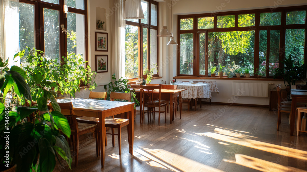 Bright and inviting cafe interior with sunlit tables and lush greenery in a tranquil setting Bright and inviting cafe interior with sunlit tables and lush greenery in a tranquil setting
