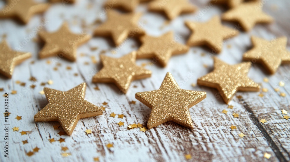 Shimmering Golden Star Decorations Spread Across a Rustic Wooden Surface with Sparkling Confetti for Festive Celebrations and Party Themes Shimmering Golden Star Decorations Spread Across a Rustic Wooden Surface with Sparkling Confetti for Festive Celebrations and Party Themes