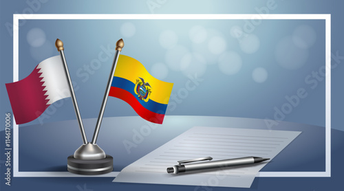 Qatar and Ecuador National flags on small table with bokeh background, cooperative relationship