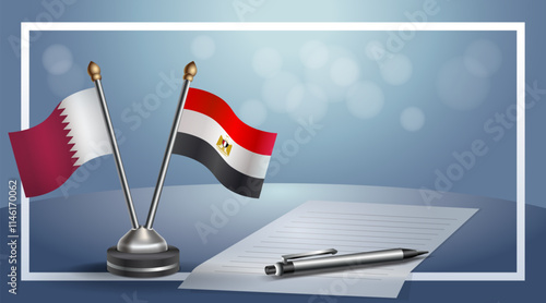 Qatar and EGYPT National flags on small table with bokeh background, cooperative relationship