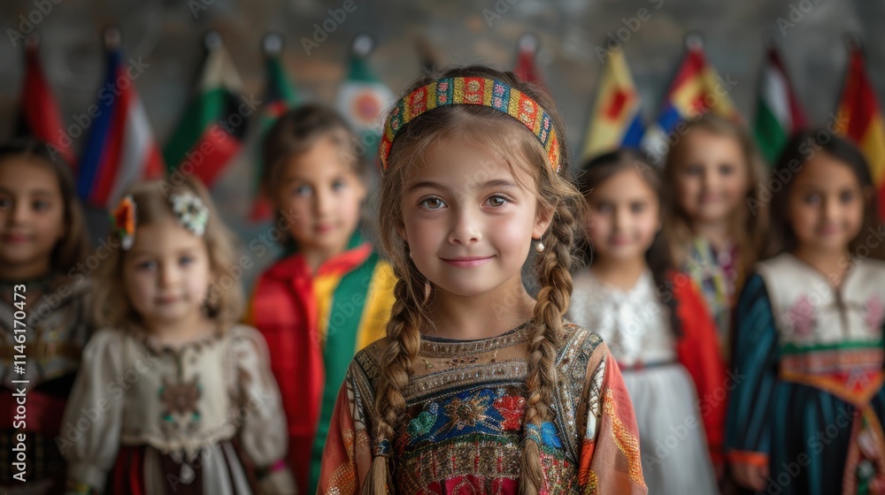 Many children dressed in different costumes standing together, portrait Many children dressed in different costumes standing together, portrait