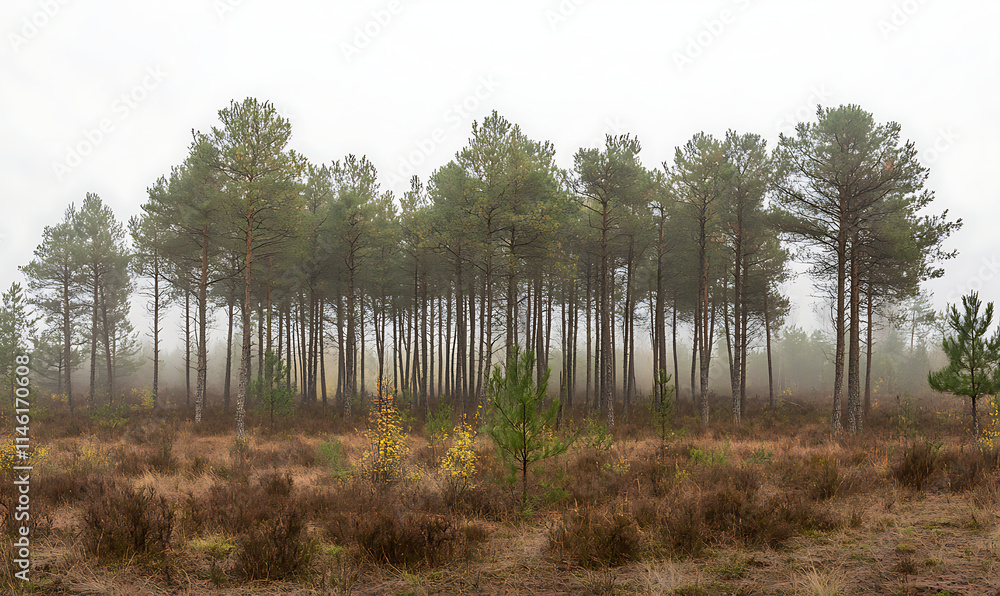 Fototapeta premium A misty morning in a dense pine forest with soft light filtering through the trees, evoking a sense of calm and mystery