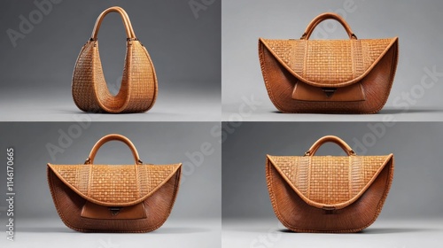 Stylish women's bag with curved design, delicate detailing, and new Chinese style, photographed in 4K from front, side, and back views, divided into four sections for a clear photo