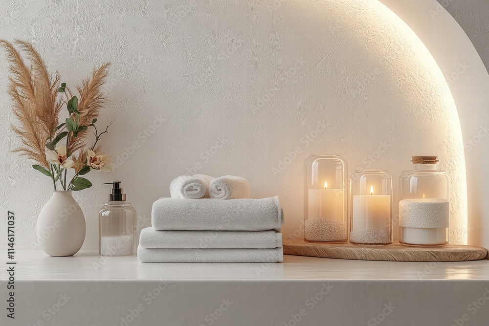 Tranquil Spa Setting with Soft Towels, Elegant Candles, and Natural Accents for a Relaxing Home Environment and Wellness Retreat Atmosphere Tranquil Spa Setting with Soft Towels, Elegant Candles, and Natural Accents for a Relaxing Home Environment and Wellness Retreat Atmosphere