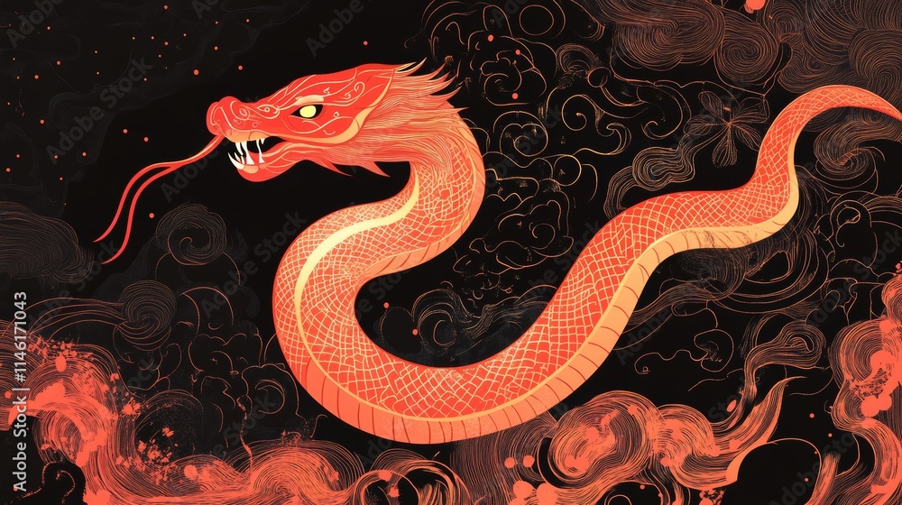 Obraz premium Chinese New Year 2025 vector illustration of Year of Snake cover, poster and sale banner. Chinese zodiac Snake symbol.