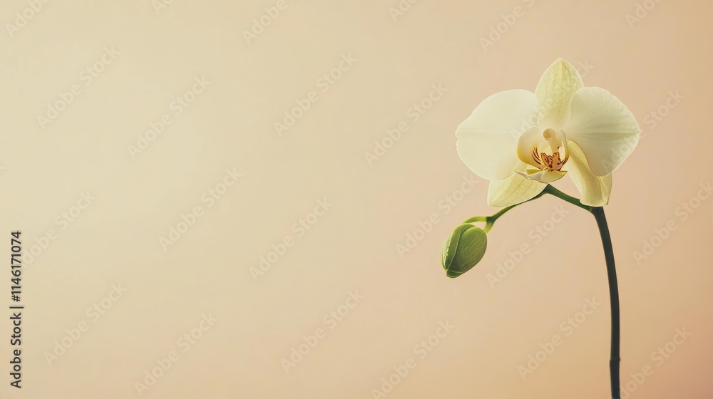 Obraz premium A solitary pale green orchid against a soft beige background, close-up shot, Minimalist style