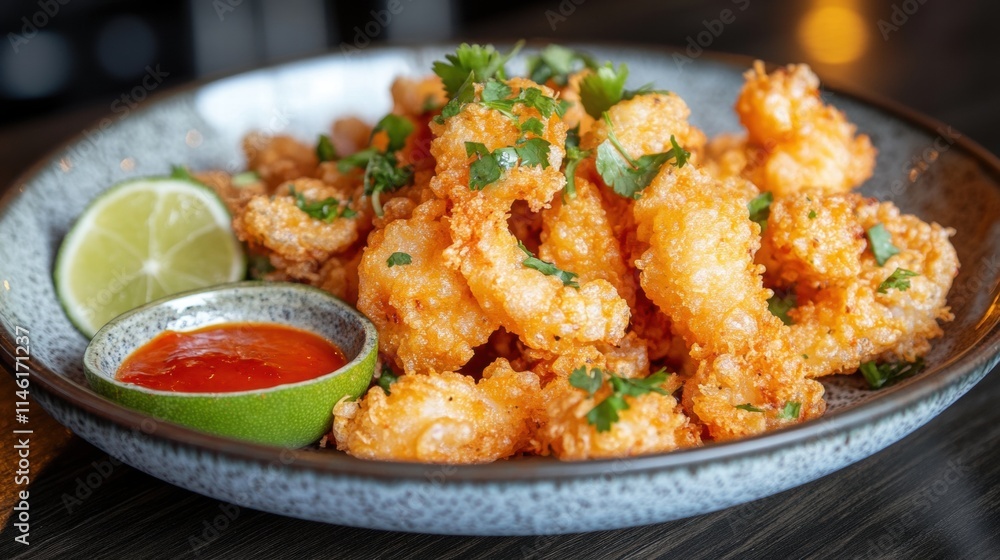 Crispy Golden Fried Shrimp Served with Fresh Lime and Spicy Dipping Sauce on a Rustic Wooden Table Crispy Golden Fried Shrimp Served with Fresh Lime and Spicy Dipping Sauce on a Rustic Wooden Table