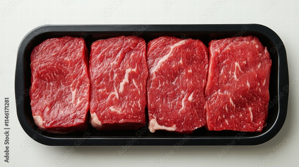 Fresh Raw Beef Steaks in Black Tray Ready for Cooking and Grilling on Clean Background Ideal for Culinary and Food Industry Use