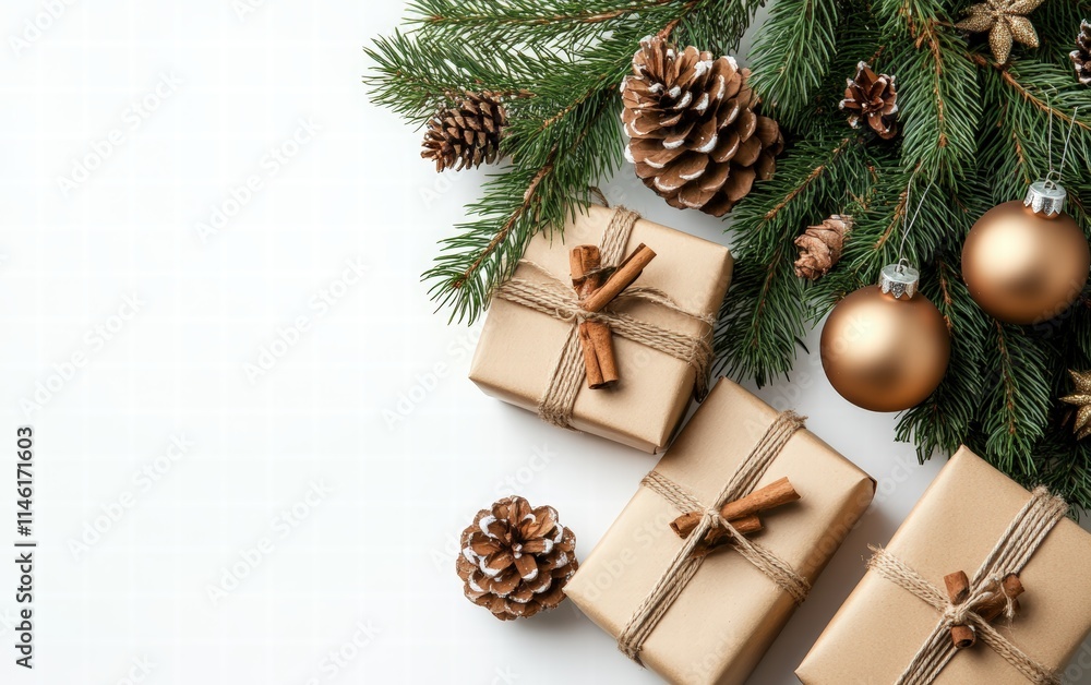 A cozy Christmas tree with wooden ornaments and rustic gift boxes wrapped in kraft paper on a clean white background A cozy Christmas tree with wooden ornaments and rustic gift boxes wrapped in kraft paper on a clean white background