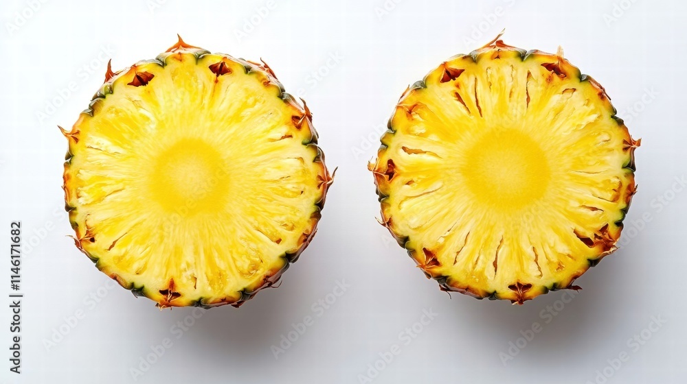Freshly Cut Pineapple Halves Showcasing Juicy Yellow Interior with a Textured Green Skin on a Clean White Surface for Culinary and Health Inspiration Freshly Cut Pineapple Halves Showcasing Juicy Yellow Interior with a Textured Green Skin on a Clean White Surface for Culinary and Health Inspiration