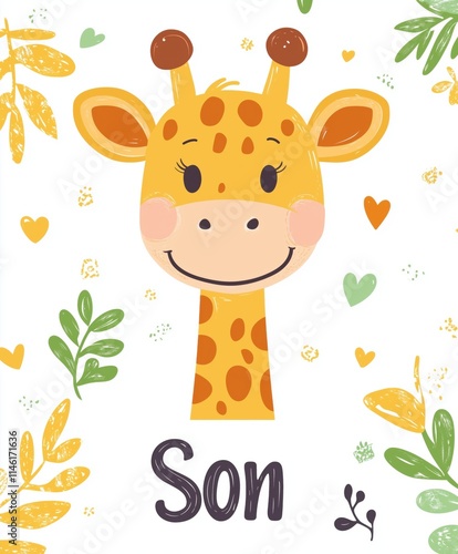 Cute cartoon giraffe illustration with decorative leaves and text 'Son', suitable for nursery or children's decor photo