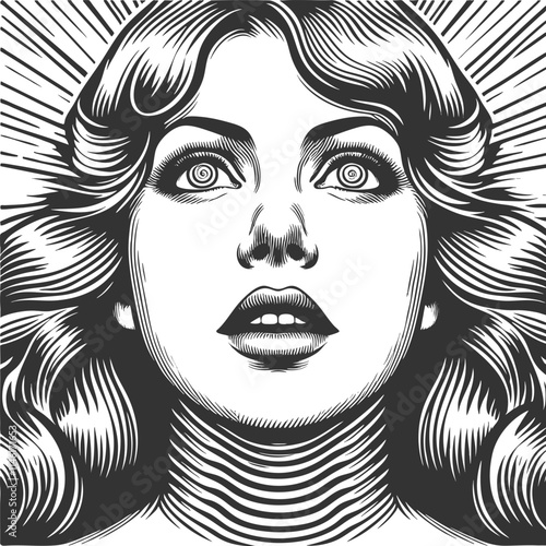 Hypnotized woman with hypnotic spiral eyes, capturing a retro, surreal expression sketch engraving generative ai fictional character vector illustration. Scratch board imitation. Black and white image