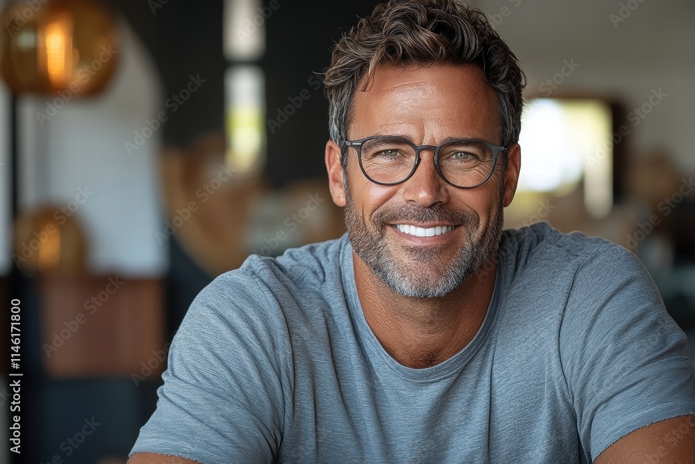 Smiling man with glasses in casual attire enjoying a moment indoors, exuding confidence and charm in a modern lifestyle setting with warm lighting Smiling man with glasses in casual attire enjoying a moment indoors, exuding confidence and charm in a modern lifestyle setting with warm lighting