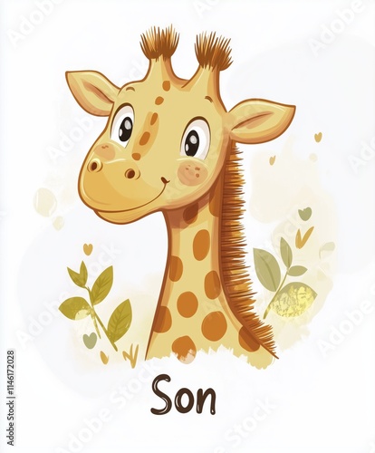 Adorable cartoon giraffe with a cheerful expression surrounded by leafy accents, 