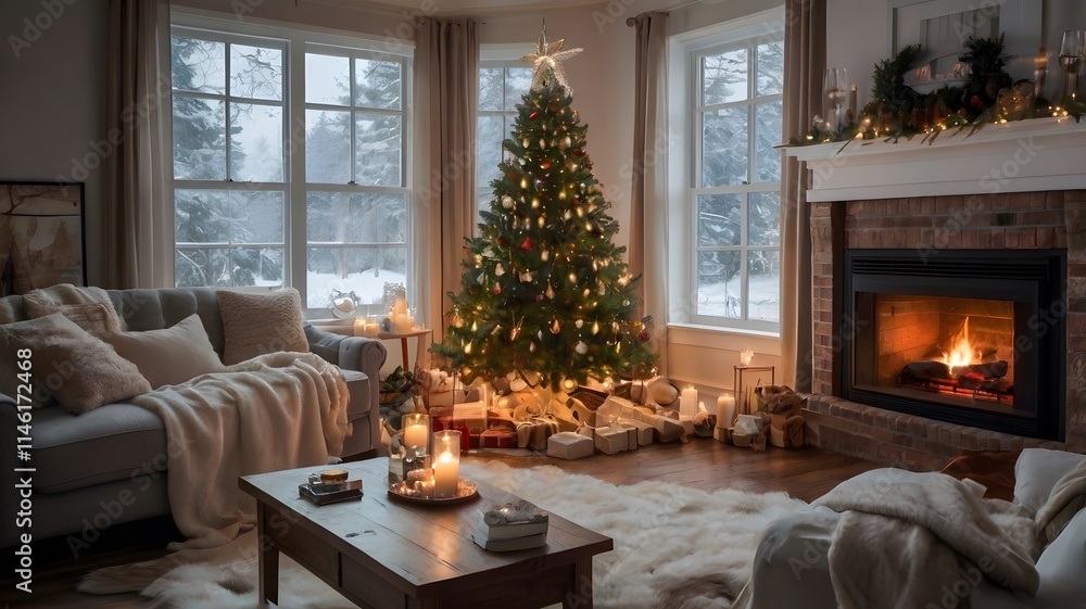 Obraz premium Cozy living room with a beautifully decorated Christmas tree, glowing lights, and stockings hanging by the fireplace. Snow gently falls outside the window.