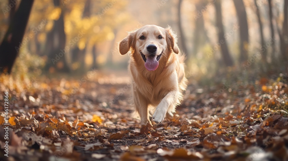 Happy golden retriever joyfully running through a sunlit autumn forest filled with colorful leaves Happy golden retriever joyfully running through a sunlit autumn forest filled with colorful leaves