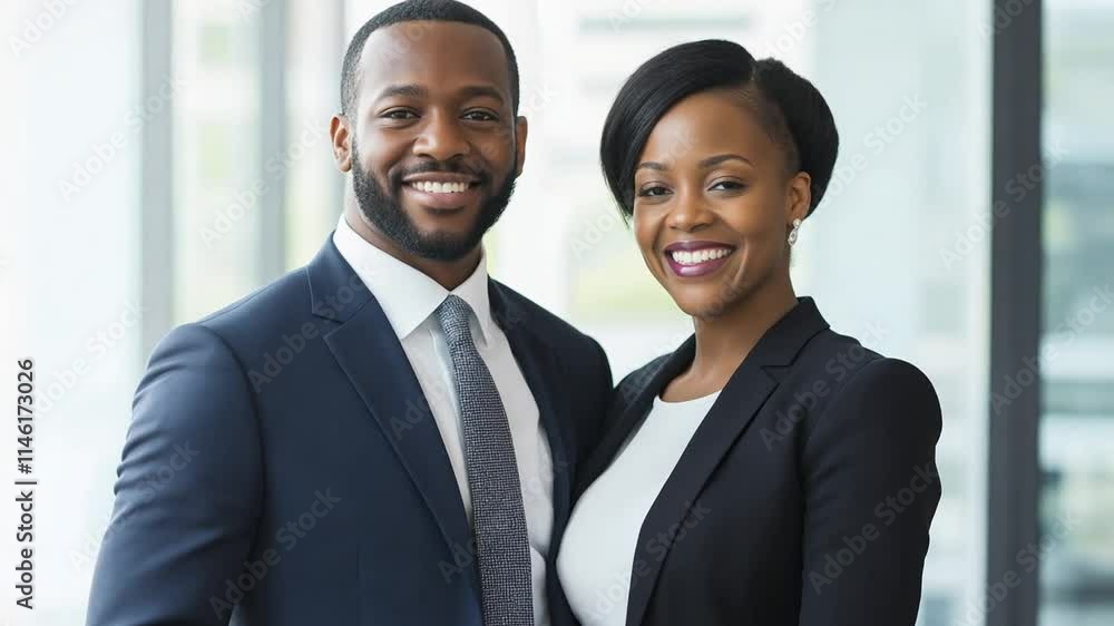 Black couple dressed in formal attire smiling confidently indoors at a modern workspace during daytime Black couple dressed in formal attire smiling confidently indoors at a modern workspace during daytime