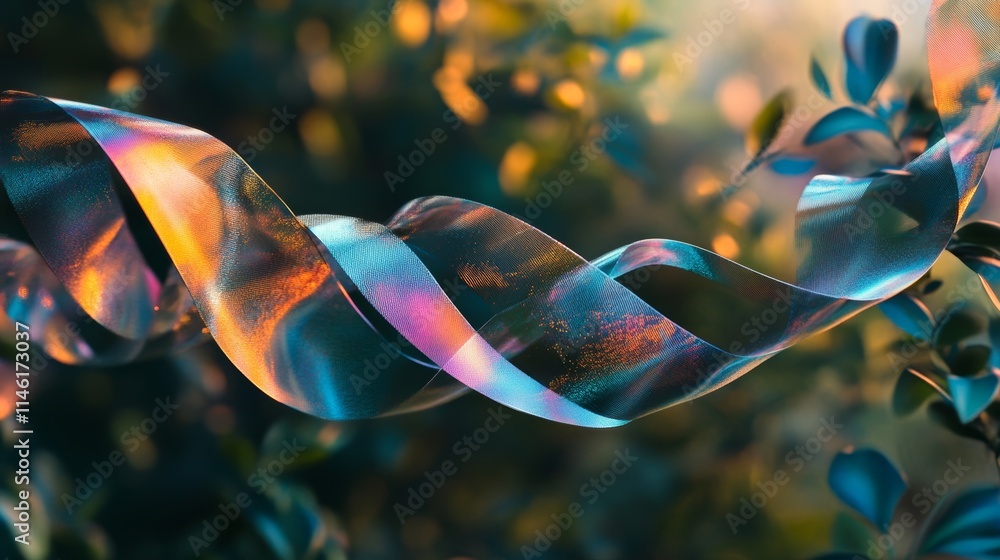 Holographic ribbon in nature, symbolizing futuristic aesthetics in transparent designs. Holographic ribbon in nature, symbolizing futuristic aesthetics in transparent designs.