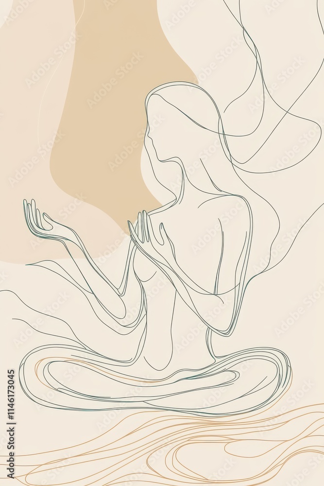 A minimal single line art of a woman sitting cross-legged, hands open and palms up, visualizing negative energy flowing away like gentle ripples in water, hand-drawn style minimalist line A minimal single line art of a woman sitting cross-legged, hands open and palms up, visualizing negative energy flowing away like gentle ripples in water, hand-drawn style minimalist line