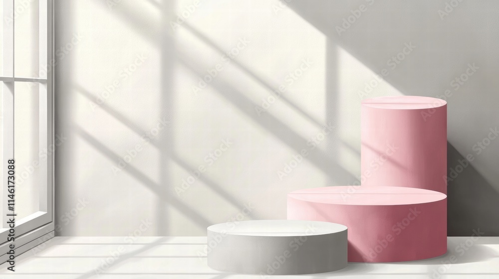 Modern Minimalist Display with Geometric Shapes and Soft Shadows in a Bright Room with Natural Light on White Floor and Beige Wall Modern Minimalist Display with Geometric Shapes and Soft Shadows in a Bright Room with Natural Light on White Floor and Beige Wall