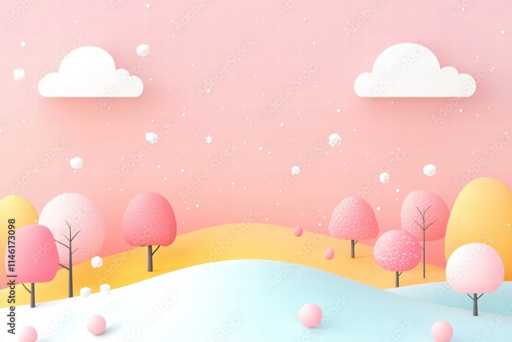 Dreamy Winter Landscape with Soft Snow, Pastel Trees and Clouds, Ideal for Holiday Themes and Seasonal Graphics in a Whimsical Style Dreamy Winter Landscape with Soft Snow, Pastel Trees and Clouds, Ideal for Holiday Themes and Seasonal Graphics in a Whimsical Style