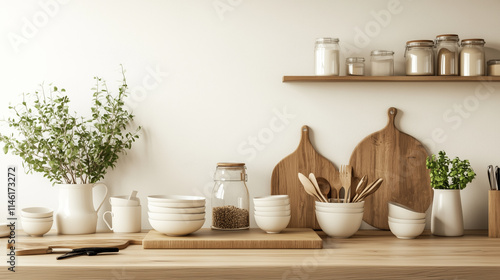 Wallpaper Mural Charming kitchen countertop with white bowls, wooden utensils, and fresh herbs in minimalist decor Torontodigital.ca