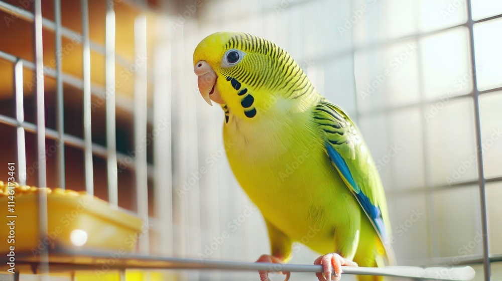 Obraz premium Happy green budgerigar perched in a cage enjoying its cozy home environment