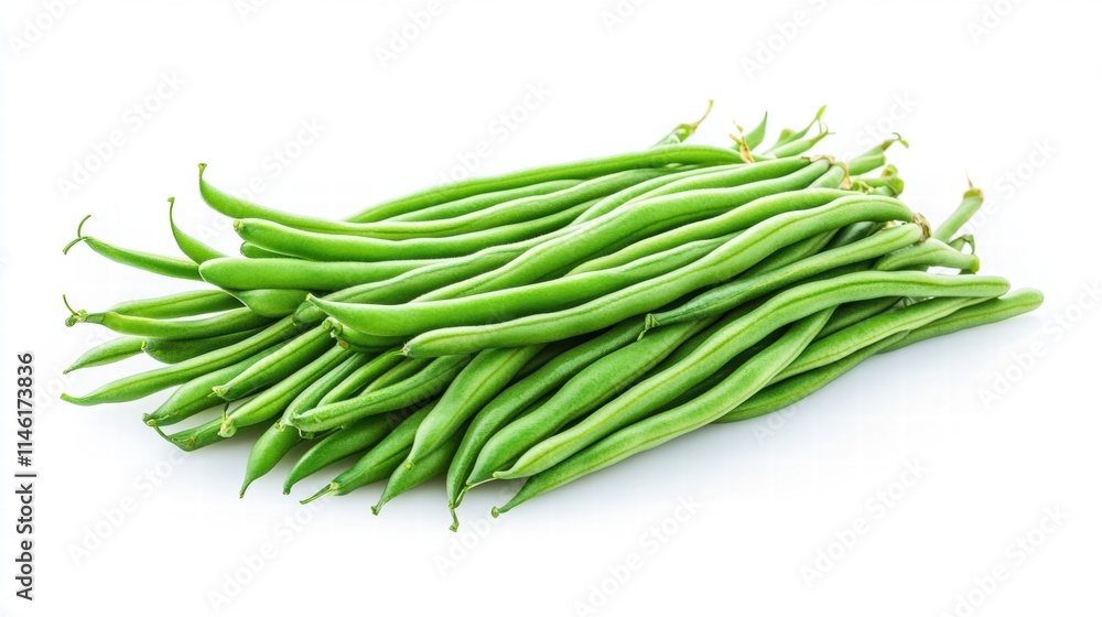 Fresh Green Beans Stacked Neatly on a White Background Ready for Culinary Use in Healthy Cooking, Salads, and Gourmet Dishes for Nutritional Recipes Fresh Green Beans Stacked Neatly on a White Background Ready for Culinary Use in Healthy Cooking, Salads, and Gourmet Dishes for Nutritional Recipes