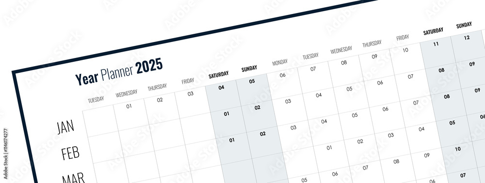 Top view of monthly calendar cards for new year 2025. Banner for the new year. Long and horizontal format. Isolated. Top view of monthly calendar cards for new year 2025. Banner for the new year. Long and horizontal format. Isolated.