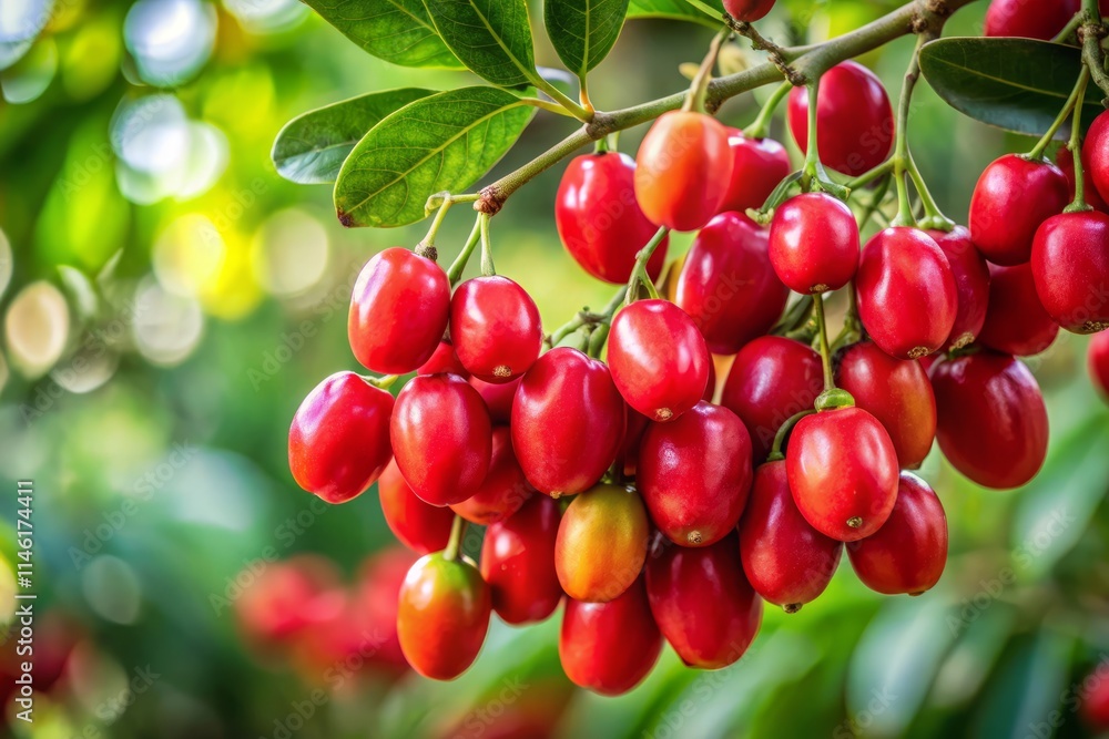 Tejocote Harvest: Vibrant Red Fruits Hanging from Branch, Autumnal Abundance, Copy Space Tejocote Harvest: Vibrant Red Fruits Hanging from Branch, Autumnal Abundance, Copy Space
