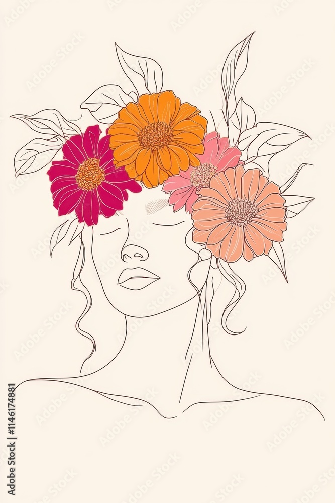 A minimal single line art of a woman with a halo of vibrant zinnias around her head, showcasing joy and creativity, hand-drawn style minimalist line art, beige colors and bright pink and orange tones A minimal single line art of a woman with a halo of vibrant zinnias around her head, showcasing joy and creativity, hand-drawn style minimalist line art, beige colors and bright pink and orange tones