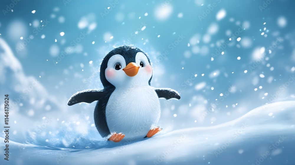 A cute penguin sliding on ice, with snowflakes falling around A cute penguin sliding on ice, with snowflakes falling around