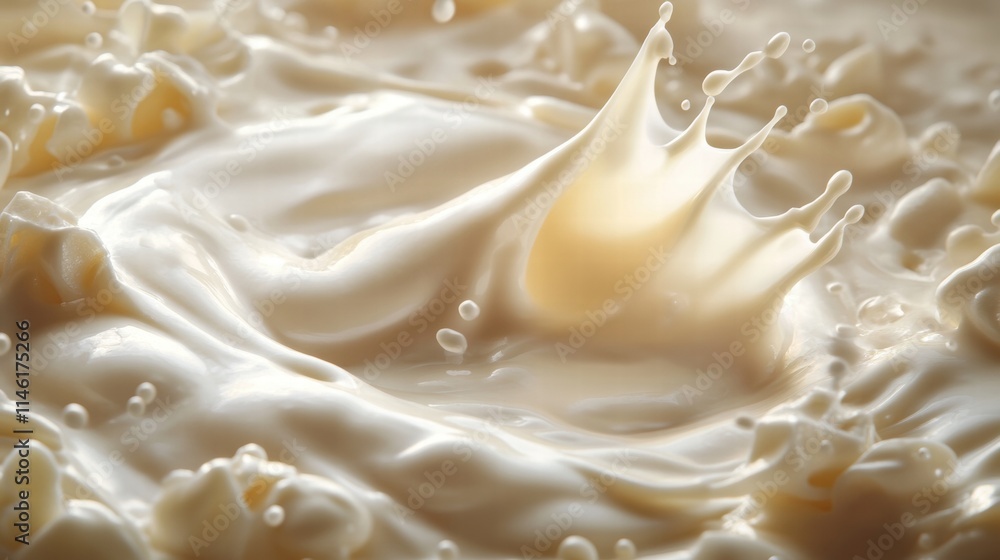 Close-Up of Creamy Liquid Splashing as It Hits Surface, Capturing Dynamic Movement and Texture of Droplets in Soft Natural Lighting Close-Up of Creamy Liquid Splashing as It Hits Surface, Capturing Dynamic Movement and Texture of Droplets in Soft Natural Lighting