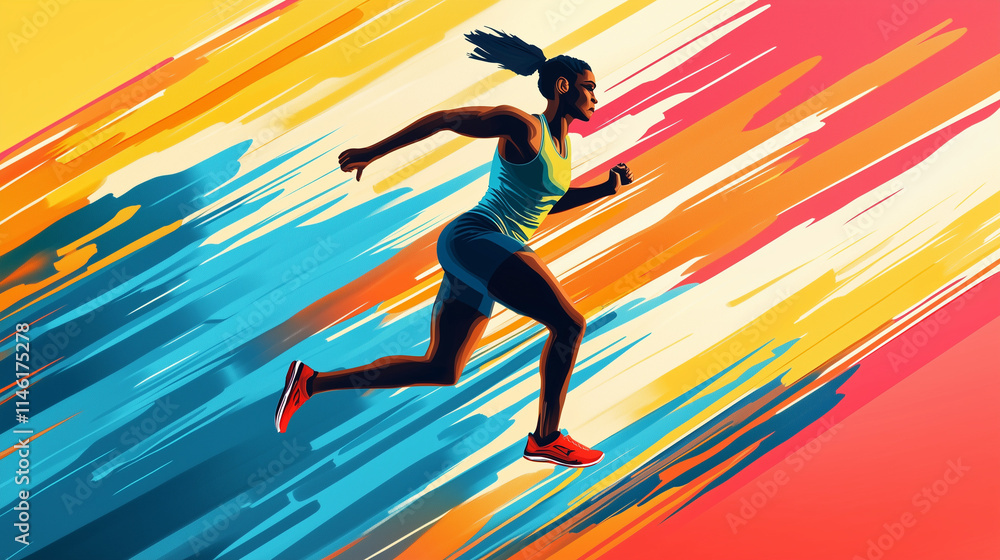 Runner in Motion: A dynamic illustration captures the energy and determination of a female athlete as she sprints forward, her silhouette boldly outlined against a vibrant backdrop of colors. Runner in Motion: A dynamic illustration captures the energy and determination of a female athlete as she sprints forward, her silhouette boldly outlined against a vibrant backdrop of colors.